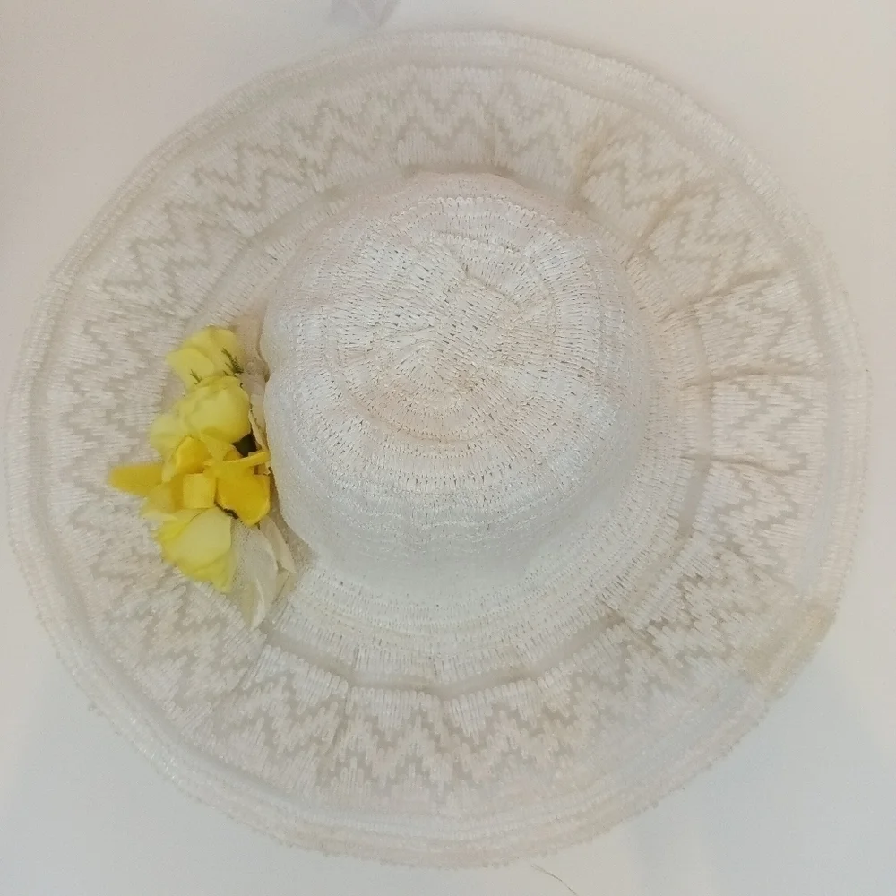 Vintage 80s Womens White and Yellow Wide Brim Sun Hat Summer Travel - Picture 8 of 9